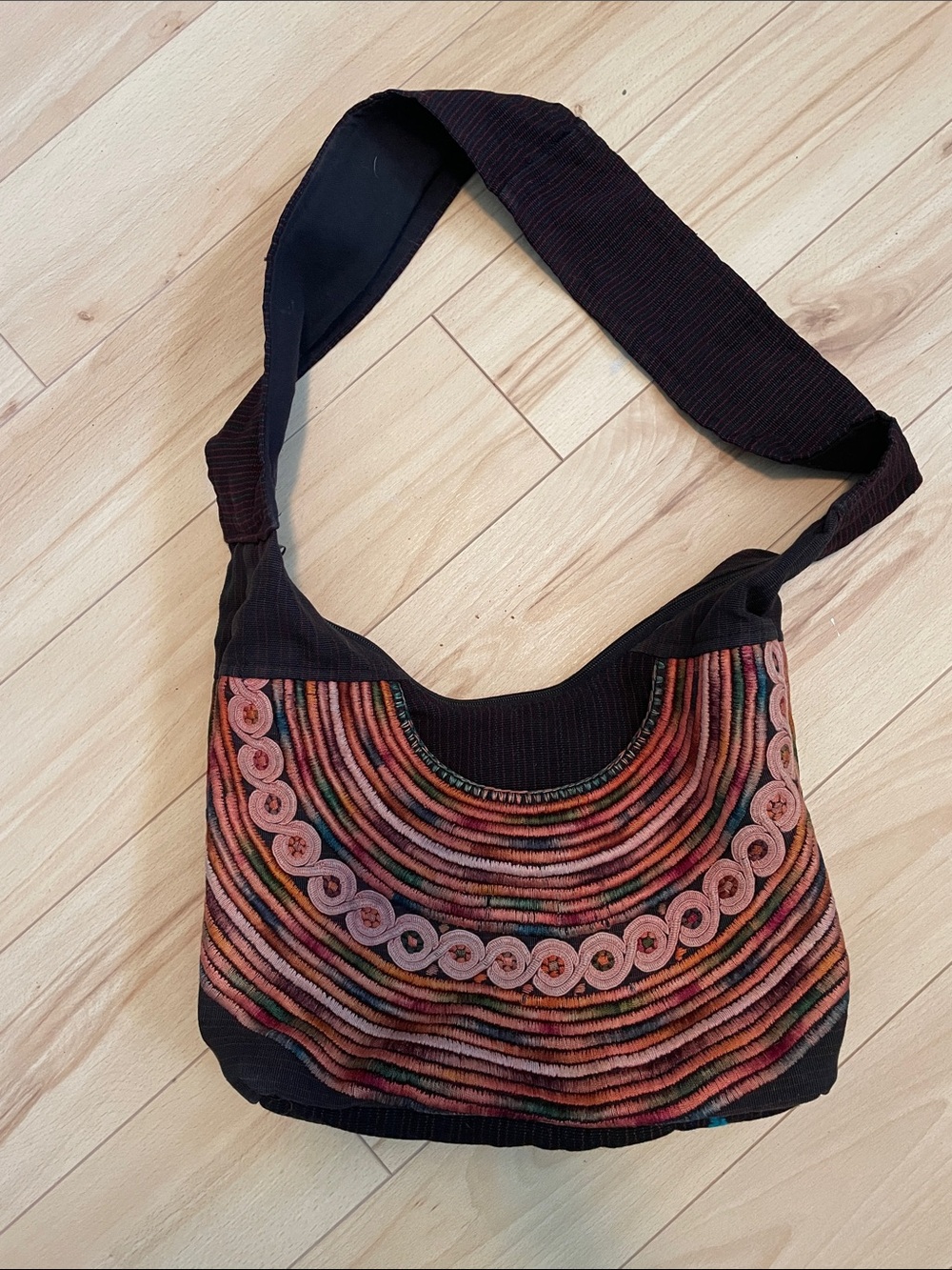 Boho Embroidered Shoulder Bag in Black and Multicolor